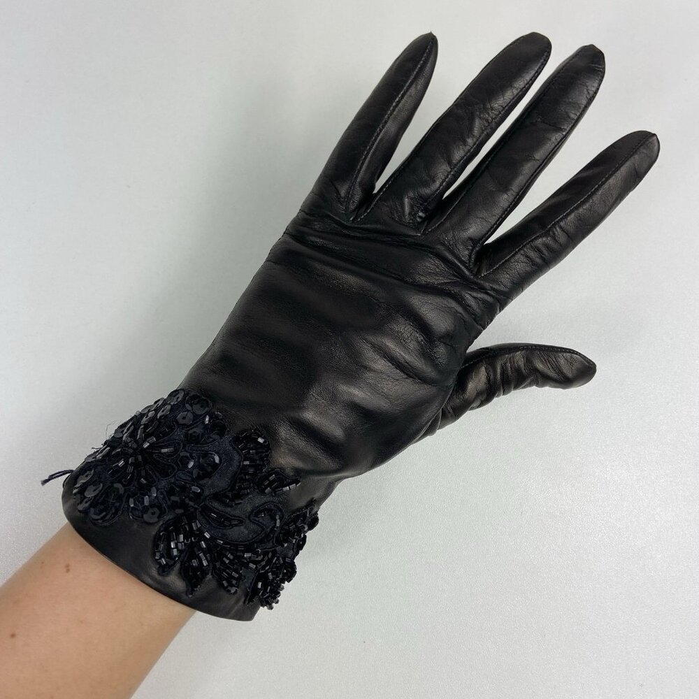 Beaded Soft Leather Gloves Sz 7 Portolano X Adrienne Landau Silk‎ Lined Floral